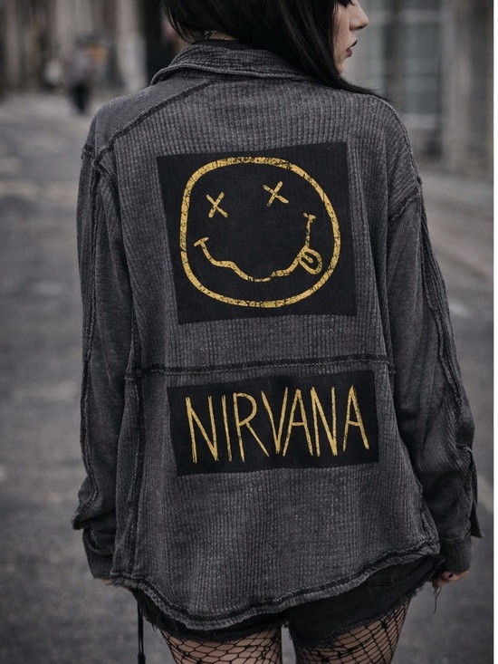 Handmade Tops - NIRVANA Upcycled Black Waffle Knit  Button Down Shirt OVERSIZED Size XS OOAK